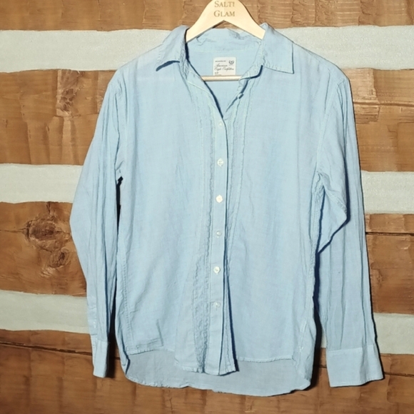 Classic ruffle button down academia white stitching boyfriend fit light blue S - Picture 2 of 8